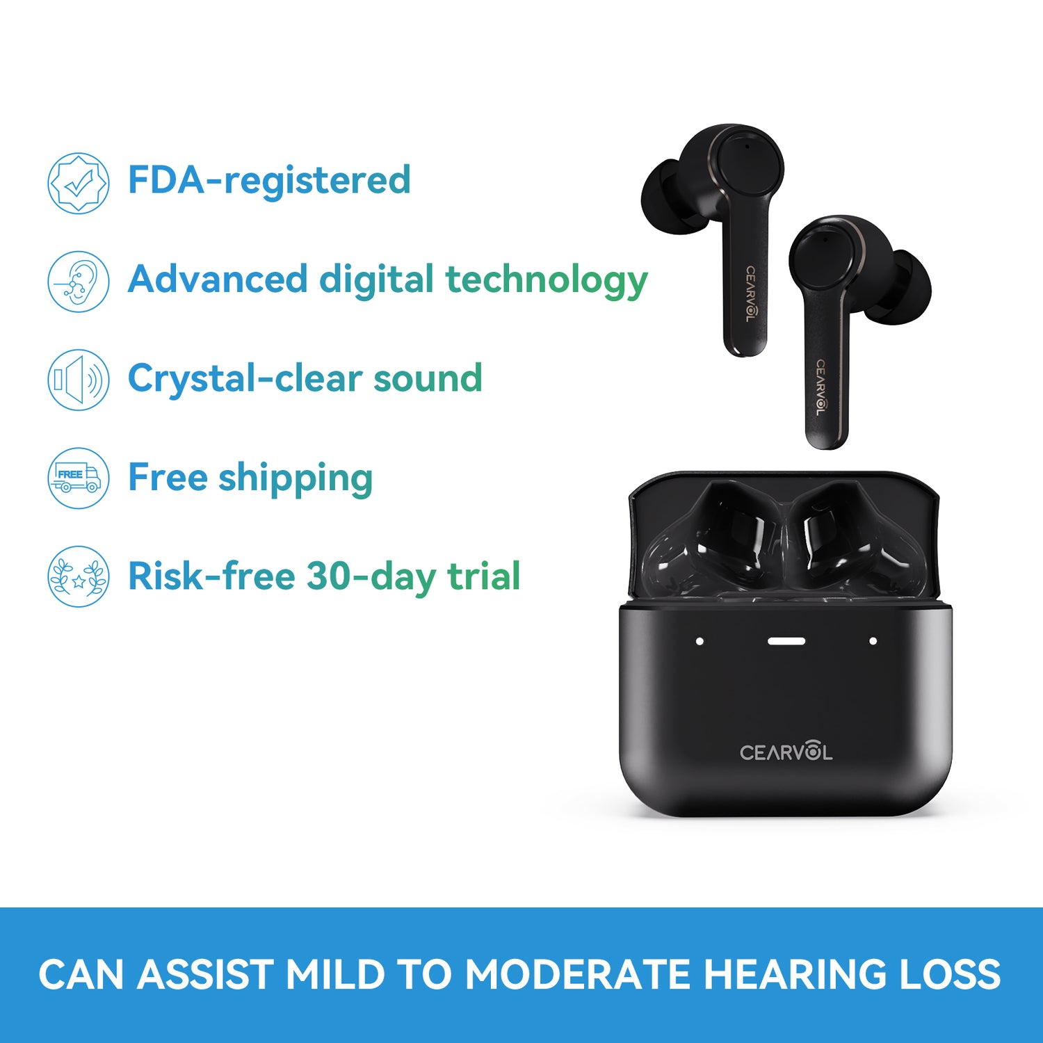 Cearvol Diamond X1 OTC Hearing Aids (Black)